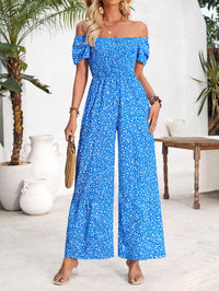 Printed Round Neck Smocking Jumpsuit Women's Clothing