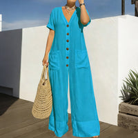 Women's Casual Loose V-Neck Button Jumpsuit