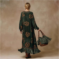 Retro Silhouette-printed Green Faux-suede Fringed Maxi Dress