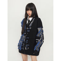 Retro Shabby Stitching Idle Style V-neck Cardigan Sweater