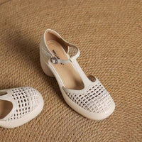 New Summer Soft Leather Roman Platform Mary Jane Shoes Hollow High Heel Pumps