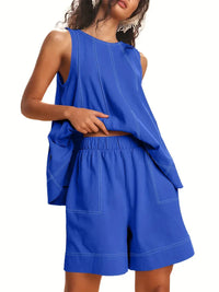 Solid-Color Elegant Crew-Neck Tank Top And Wide-Leg Shorts Set For Women