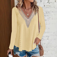 Lace-trimmed Patchwork V-Neck Plus-Size Long-Sleeve T-Shirt