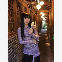 Plaid Gauzy Bottoming Shirt Long-sleeved T-shirt Mid-length Top