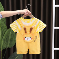 Summer New Boys' And Girls' Striped Round Neck Short Sleeve Suit Animal Suspender Pants Two-piece Suit