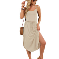 Spring Summer New Solid-Color U-Neck Camisole Drawstring Slit Dress