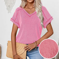 Fashionable Two-tone Twisty Stretch Short-sleeve V-neck Top Women's T-shirt