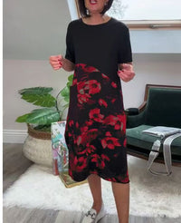 European And American Style Fashionable Patchwork Printed Crew-Neck Midi Dress