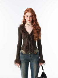 Woolen Sweater V-neck Lace Up Cardigan Long-sleeved Top