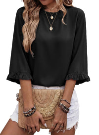 French-style Relaxed Ruffle-sleeve Solid-color Three-quarter-length Sleeve Chiffon Womens Top