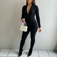 Long Sleeve Buttoned Two Wear Woolen Jumpsuit