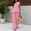 Womens Casual V-neck Top And Wide-leg Pants Two-piece Set