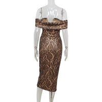 Womens Fashion Leopard-Print Sexy Off-Shoulder V-Neck Evening Gown