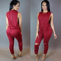 Fashion Casual Zipper Drawstring Digging Knee Broken Wind One-piece Skinny Trousers Jumpsuit Women