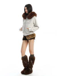 All-matching Solid Color Retro Furry Stitching Velvet Zipper Casual Coat