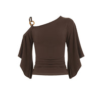 Retro Striped Off-Shoulder Flare-Sleeve T-Shirt