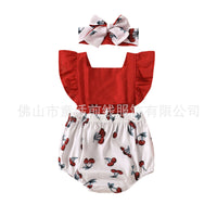 Summer Sleeveless Cherry Print Backless Lace Up Romper Suit