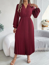 Women's Elegant Triple V Neck Long Sleeve Tie Waist Pleated Maxi Dress