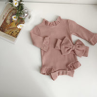 New Infant Autumn Sunken Stripe Romper Hair Band Set Baby Girl One-piece Tights