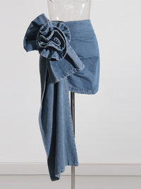 Women's Retro Blue Rose Flower Denim Skirt