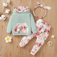 Cotton Floral Print Hooded Long Sleeve Sweater Pants Three Piece Set