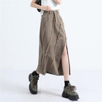 Khaki High-Waisted Raw-Hem Slit Denim Skirt Womens Summer