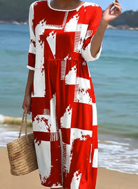 Women's Casual Round Neck Mid Sleeve Print Cotton And Linen Dress