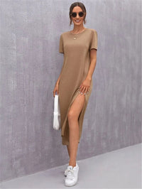 Womens Knitted Short-sleeve Dress With A Round Neck And Side Slit