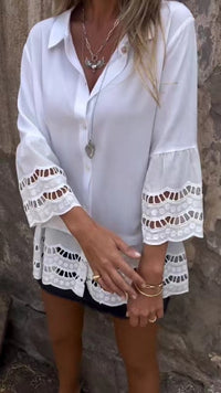 Lapel Long Sleeve Lace Ruffles Lotus Leaf Loose Shirt