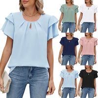 Round-neck Flutter-sleeve Loose-fit Chiffon Top