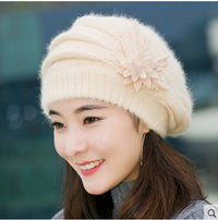 Women's Korean Style Flower Rabbit Fur Hat Thickened Warm Knitted