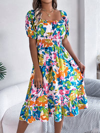 Women's Casual Floral Print Square Neck Short Sleeve Tie Waist Ruffle A-Line Dress