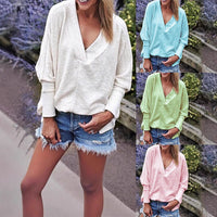 Womens Casual V-Neck Long-Sleeve Pullover Loose Solid Color Multi-Color Top Sweatshirt