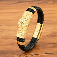 Lion Ox Head Tiger Heavy-Duty Stainless Steel Genuine Leather Magnetic-Clasp Mens Bracelet