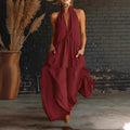 Elegant Resort-Style Mandarin-Collar Cotton-Linen Dress