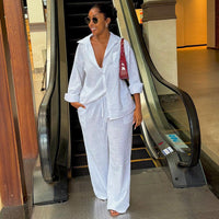 Turn-down Collar Loose-fit White Long-sleeve Shirt And Wide-leg Trousers Set