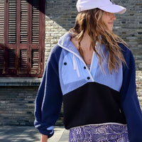 Loose Lapels Stitching Contrast Color Fleece Sweater