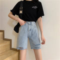 High-waisted slim-hole ruffled five point jeans