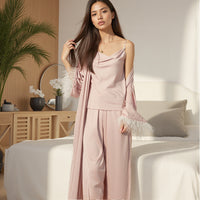 Sexy Satin Velvet And Ice Silk Pajamas With Feathers Camisole Robe And Long Pants Loungewear