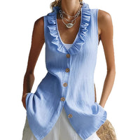 Linen Blend Sleeveless Vest Top Button-Front V-Neck Blouse For Women