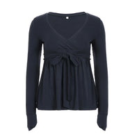 Cross-neck Tie-up Ruffled Loose-fit Lace Bow Long Sleeve