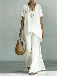 V-neck Short-sleeve Fashionable Loose Top And Wide-leg Pants Set