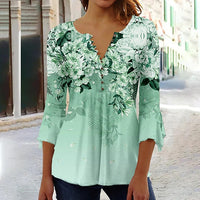 Women's Floral Printed 34 Sleeves V-neck Buttons Shirt