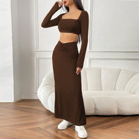 Womens Simple Elegant Fashionable Two-Piece Set Cropped Top And Long Skirt