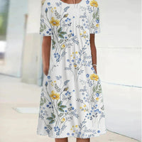 Spring And Summer Women's Elegant Large Swing Round Neck Printed Short Sleeve Dress