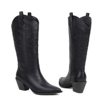 Tall Western-style Boots Adorned With Embroidered, Shimmering Fabric