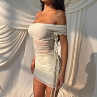 Off-shoulder Sheer Pleated Ruffled Frill Strap Dress