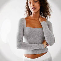 Women's Clothes Long Sleeve T-shirt Solid Color Bare Midriff Short Square Collar Top