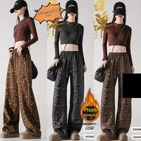 Womens Fleece-Lined Thickened Warm Leopard-Print Drawstring Wide-Leg Pants