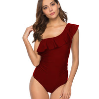 Shoulder ruffled solid color bikini